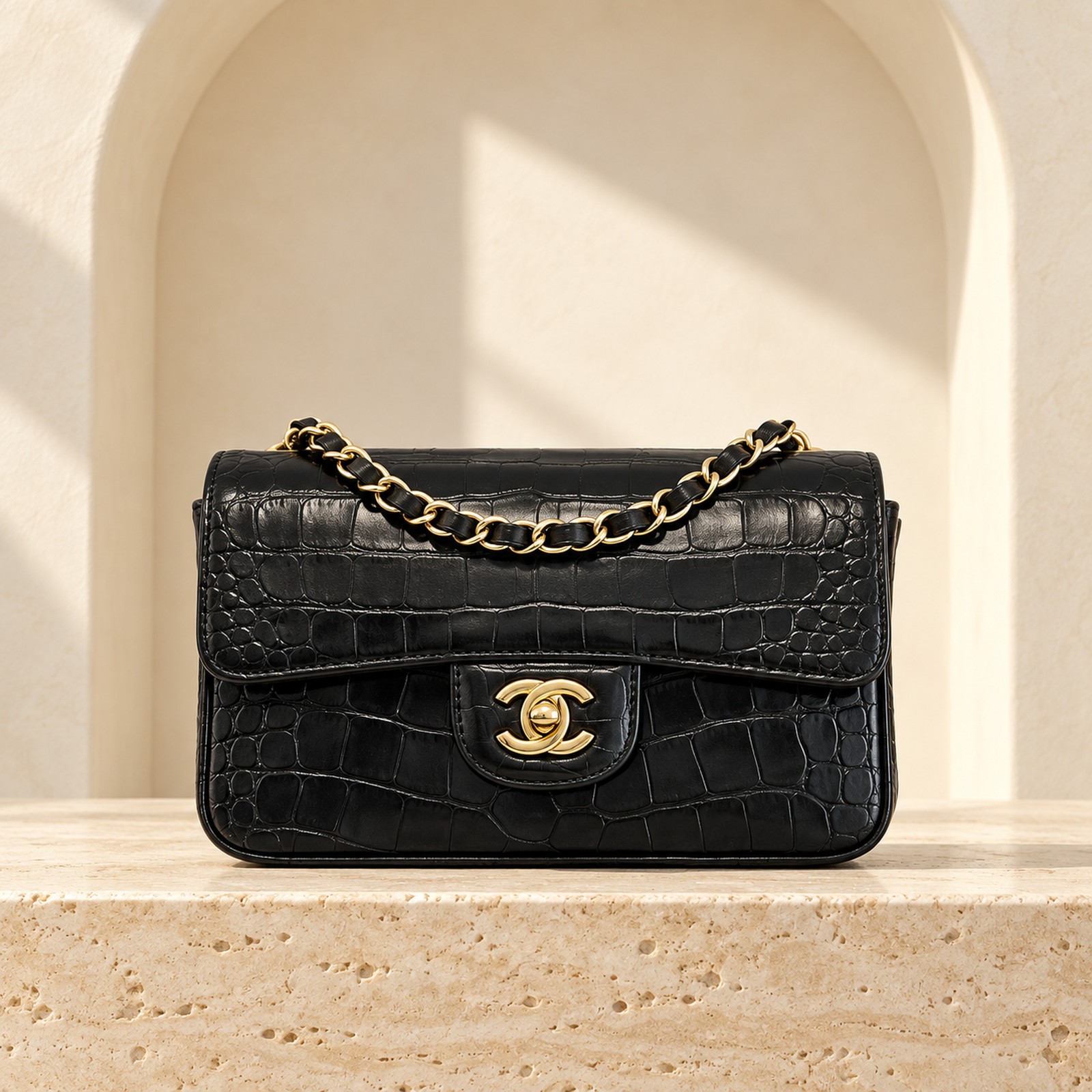 Chanel 26A Croco-Embossed Double Flap — Black, straight-on feature image