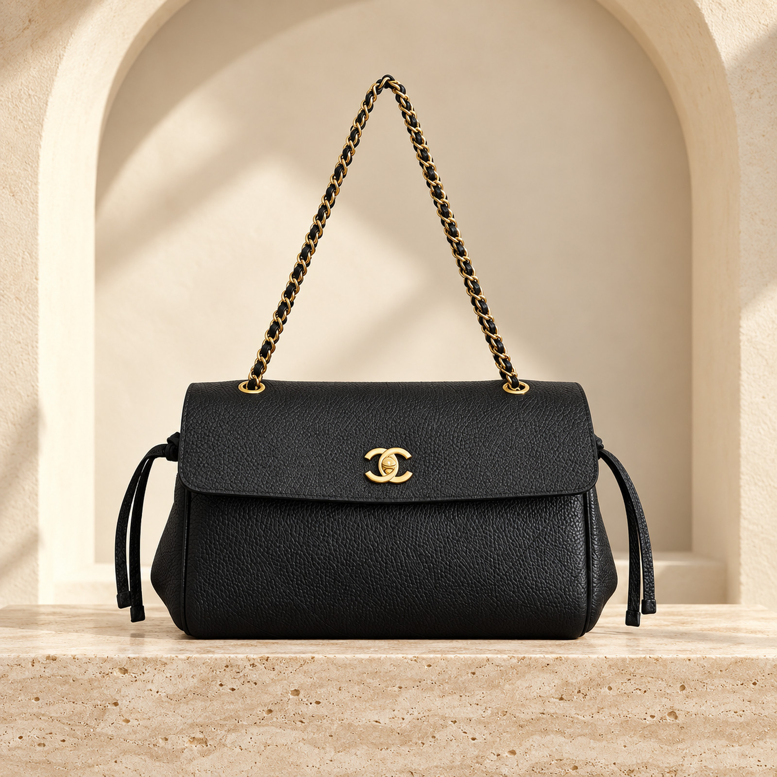 Chanel 26A Chain Baguette — Black Pebbled, straight-on feature image
