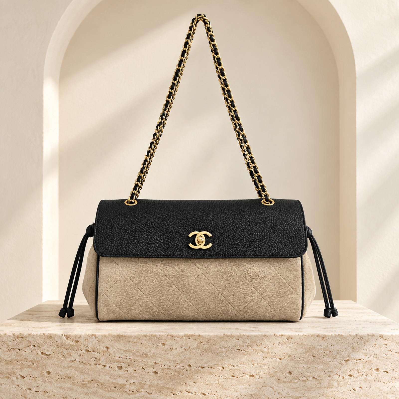 Chanel 26A Chain Suede Baguette — Three Colors, straight-on feature image