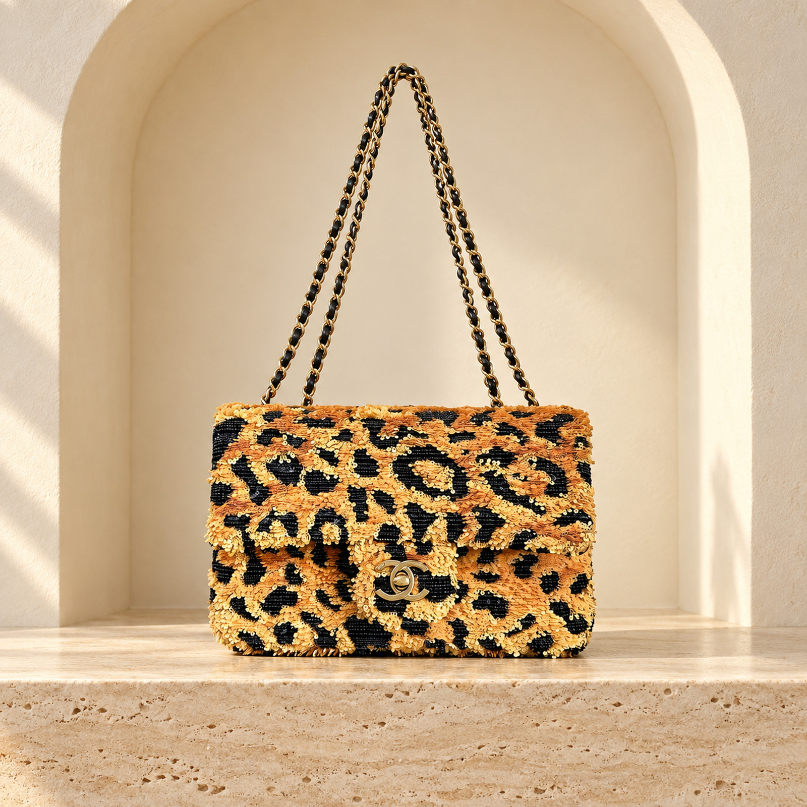 Chanel 26B Leopard Sequin Flap Bag, straight-on feature image