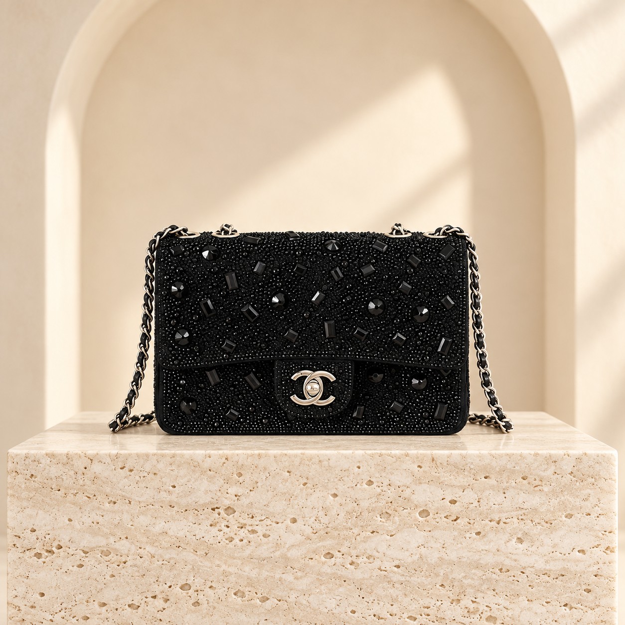Chanel 26A Sequin Flap Bag in Black and silver, front view