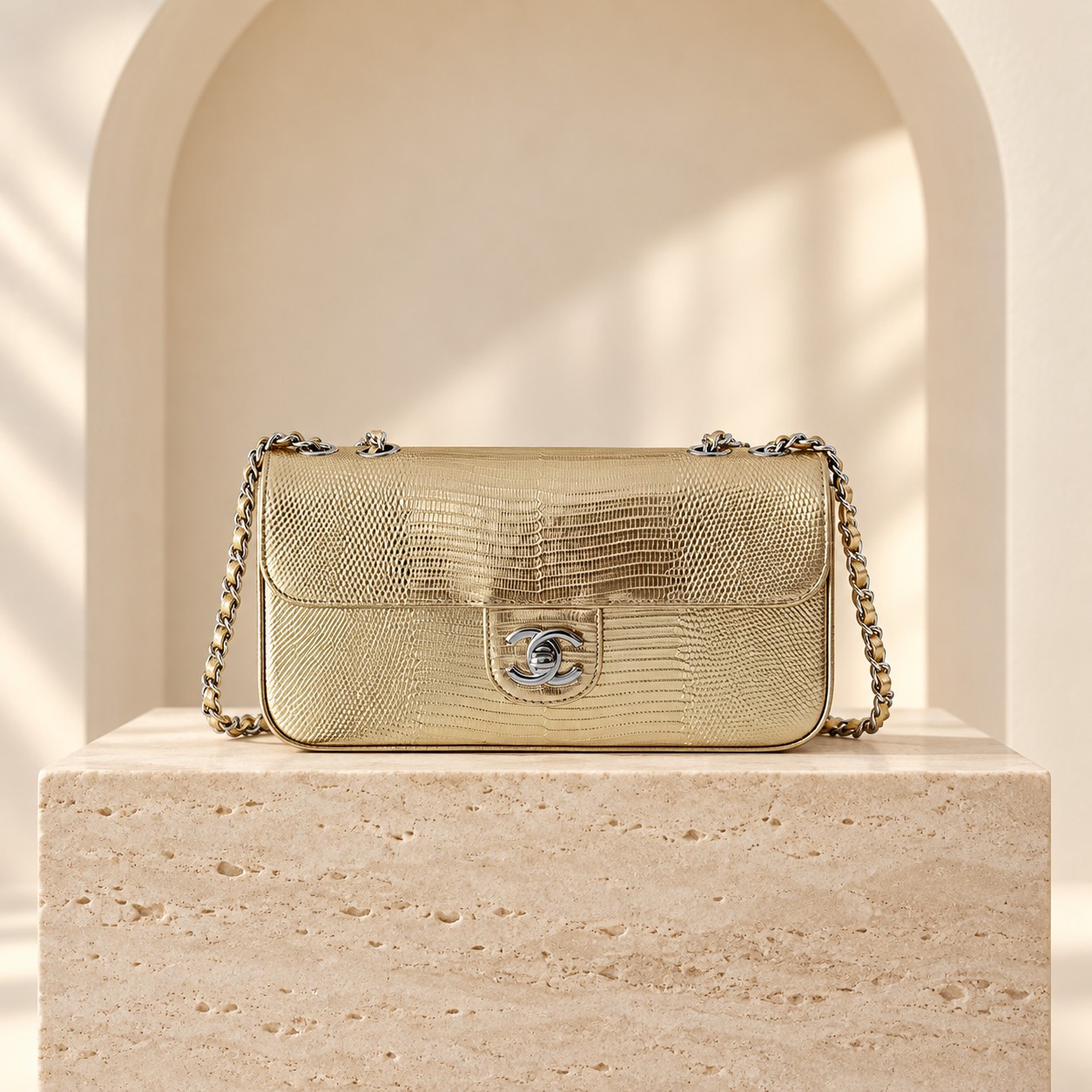 Chanel 26B Metallic Chain Bag in Gold and silver, front view