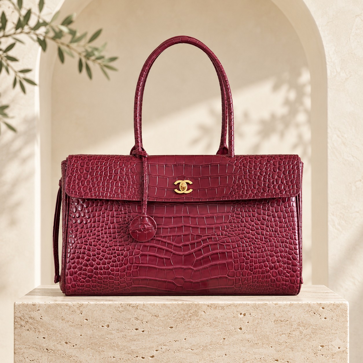 Small Crocodile-Embossed Tote 6428 - Color Collection in the Lux House warm architectural setting