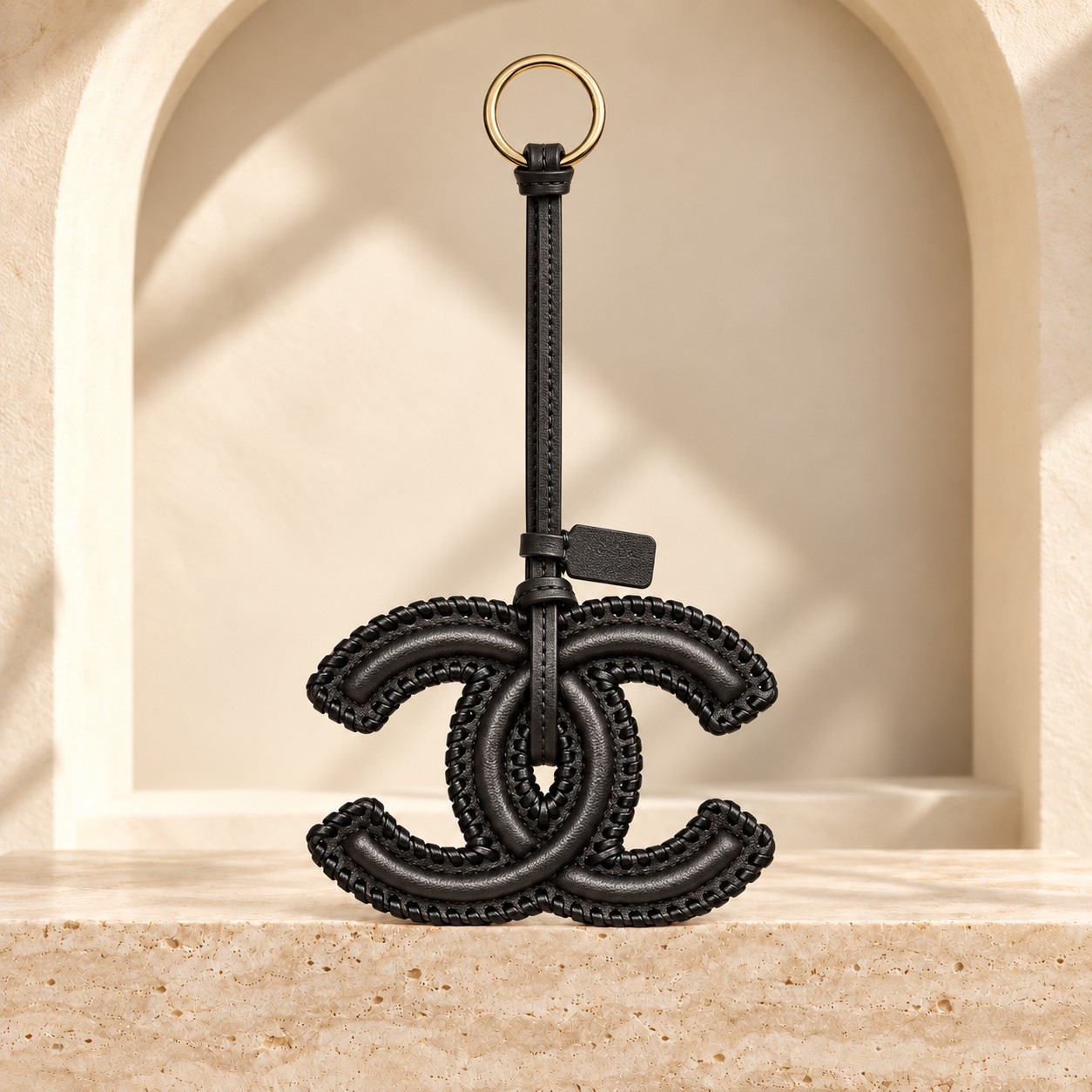 Whipstitched Double C Bag Charm in its first photographed design, front view