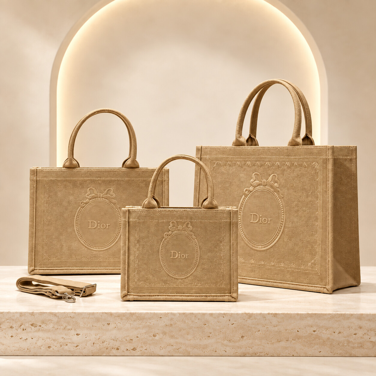 Dior Book Tote in Almond, three sizes