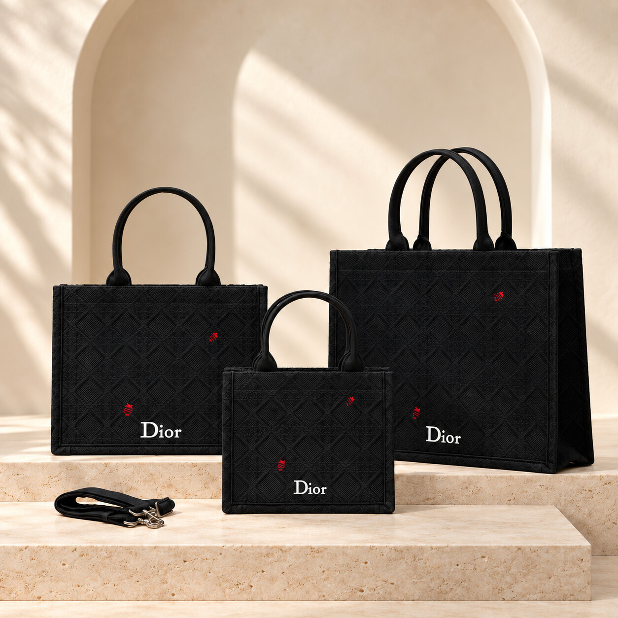 Dior Book Tote in Black with Red Bee Accents, three sizes