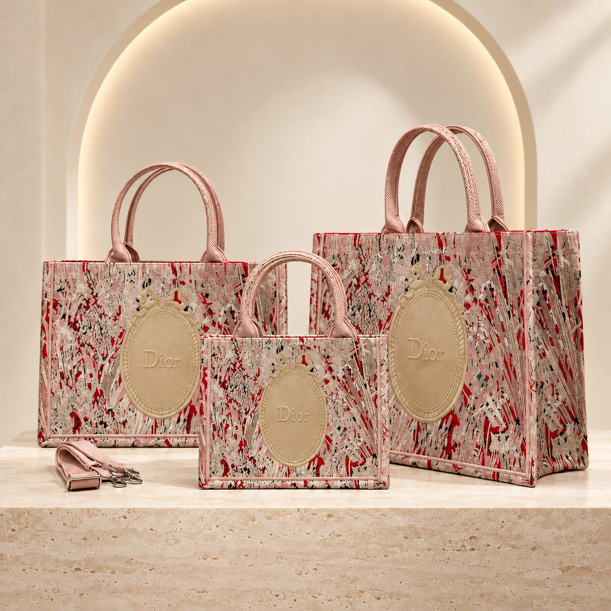 Dior Book Tote in Blush, Ivory, Red, and Gray, three sizes