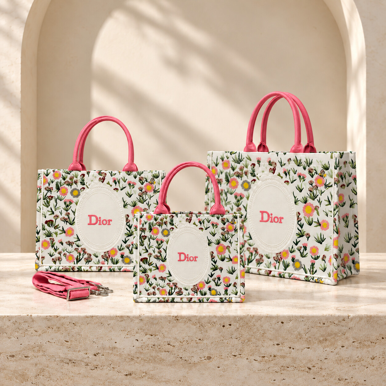 Dior Book Tote in Ivory Floral with Bright Pink Trim, three sizes