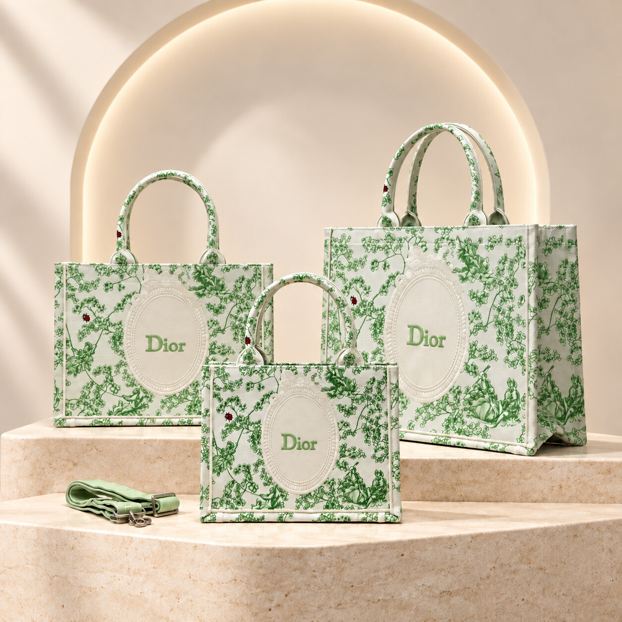 Dior Book Tote in Ivory and Light Green, three sizes