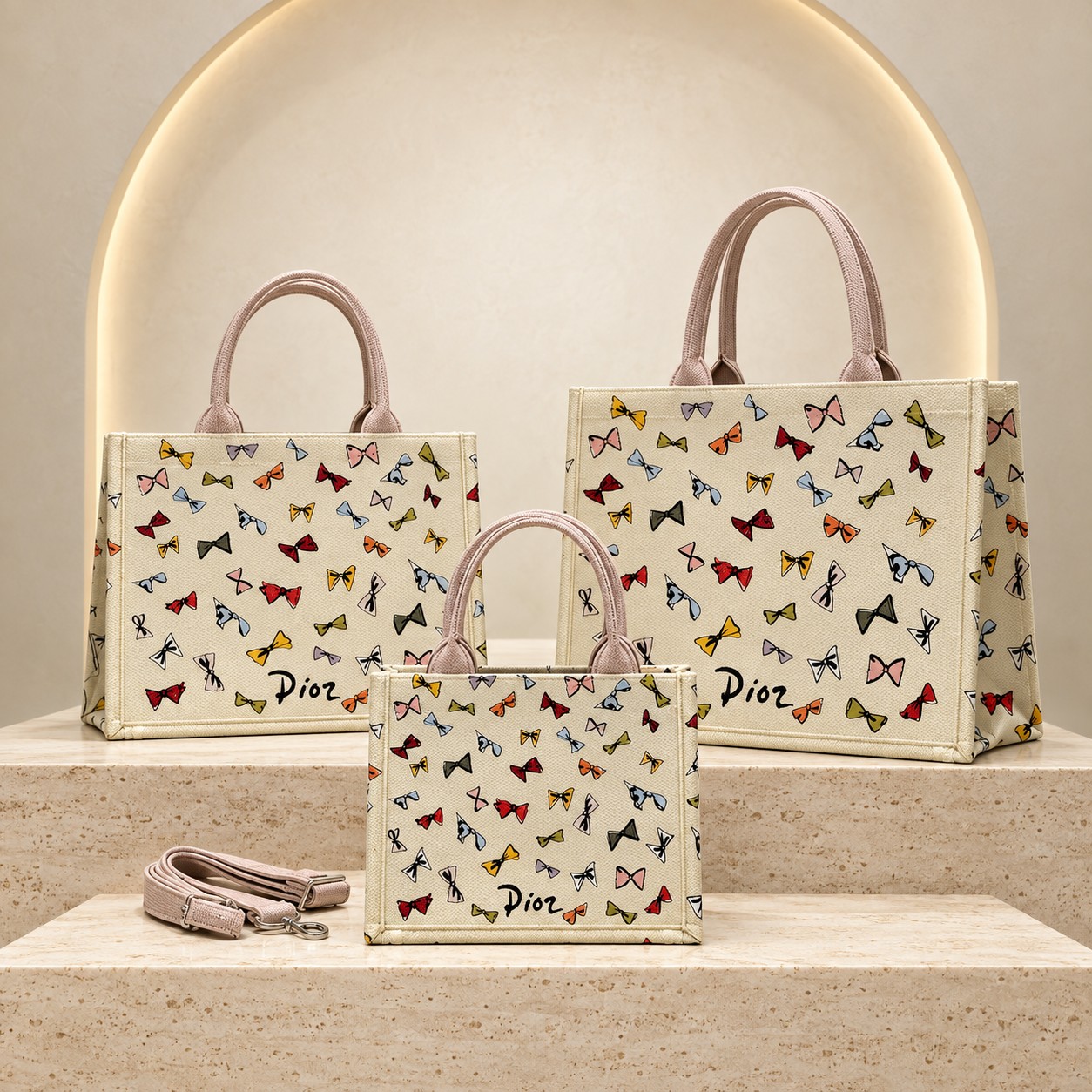 Dior Book Tote in Ivory Multicolor with Pale Blush Trim, three sizes