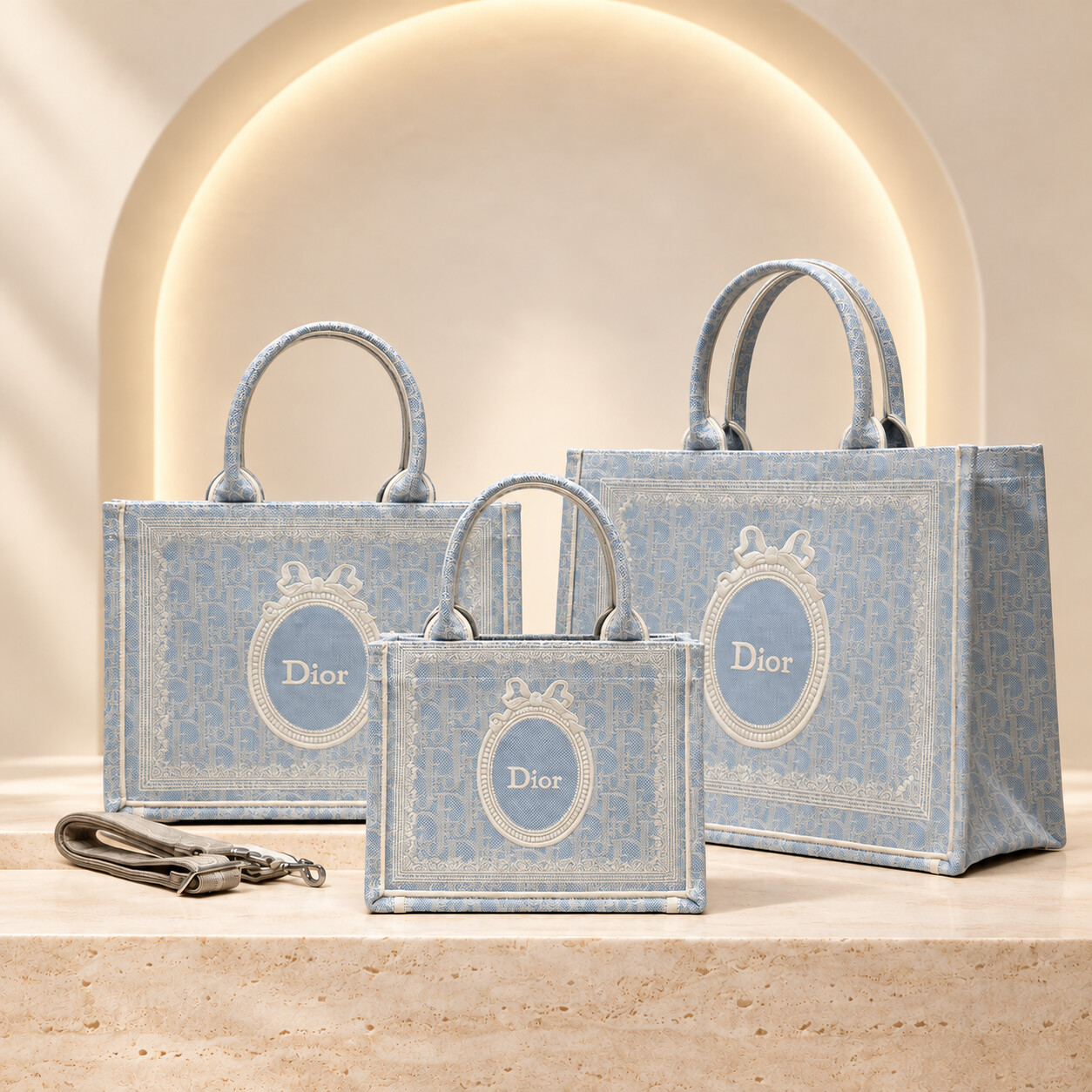Dior Book Tote in Pale Blue and Ivory, three sizes
