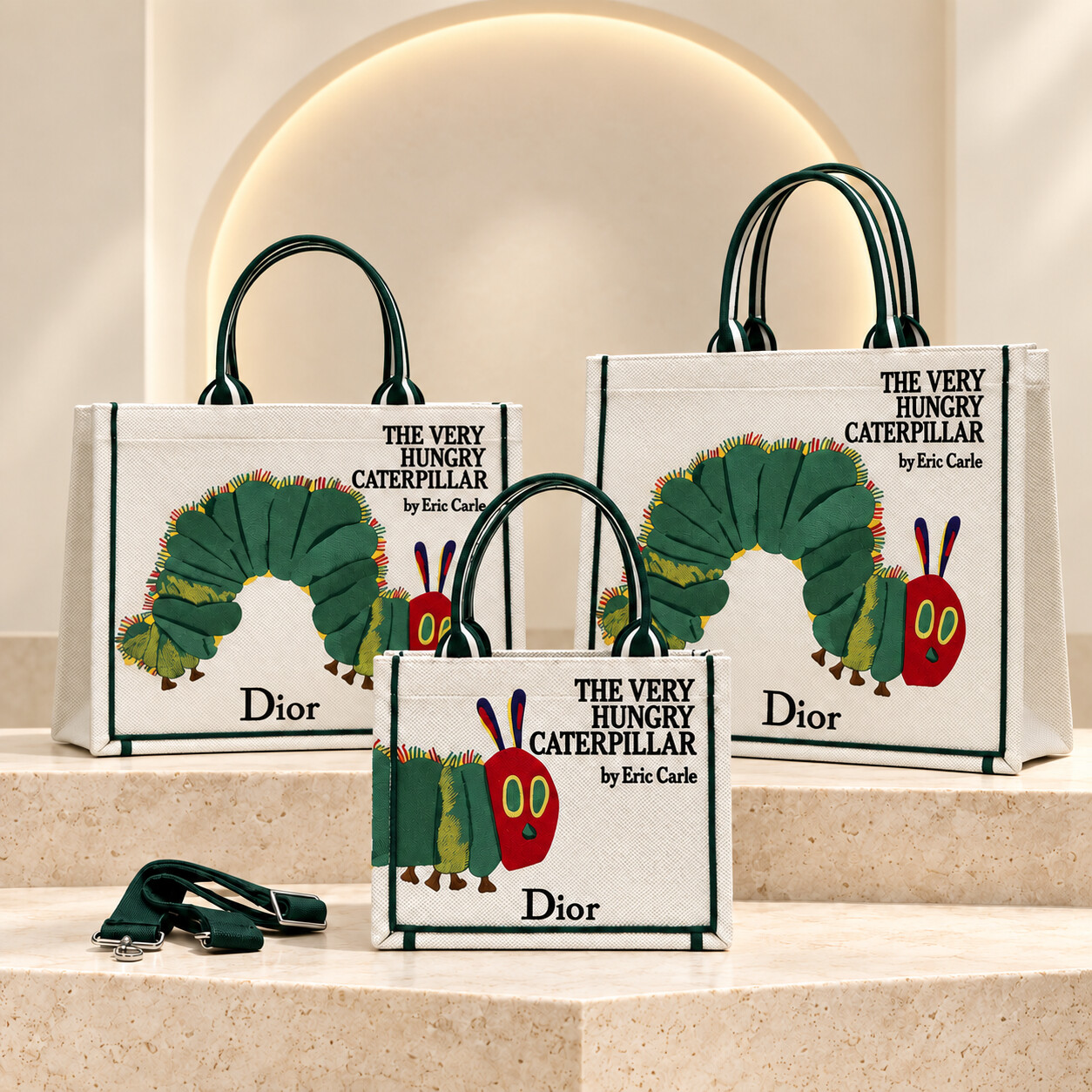 Dior Book Tote in Ivory Multicolor with Dark Green Trim, three sizes
