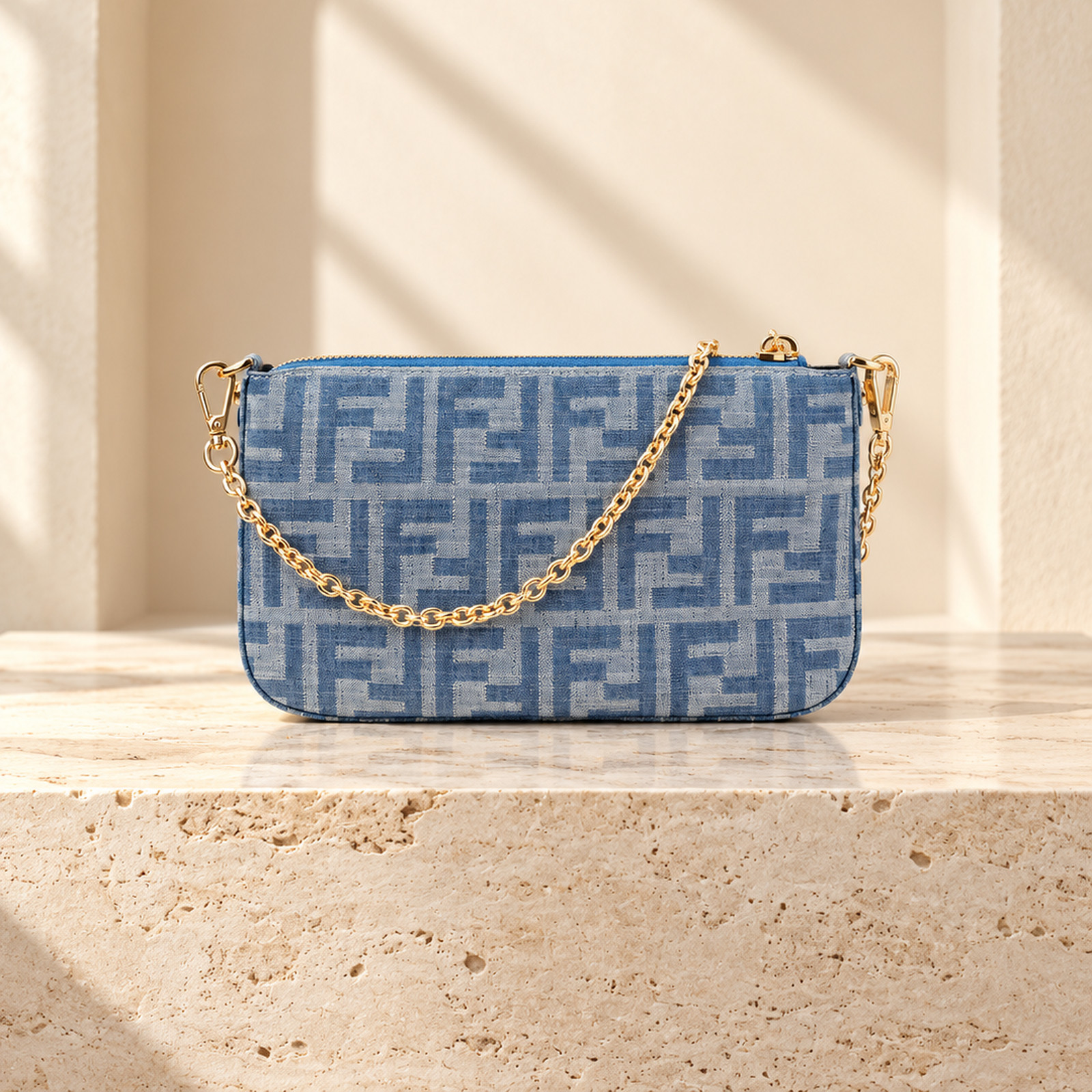 Fendi FF Denim Zip Baguette Clutch in Blue Denim, straight-on front view