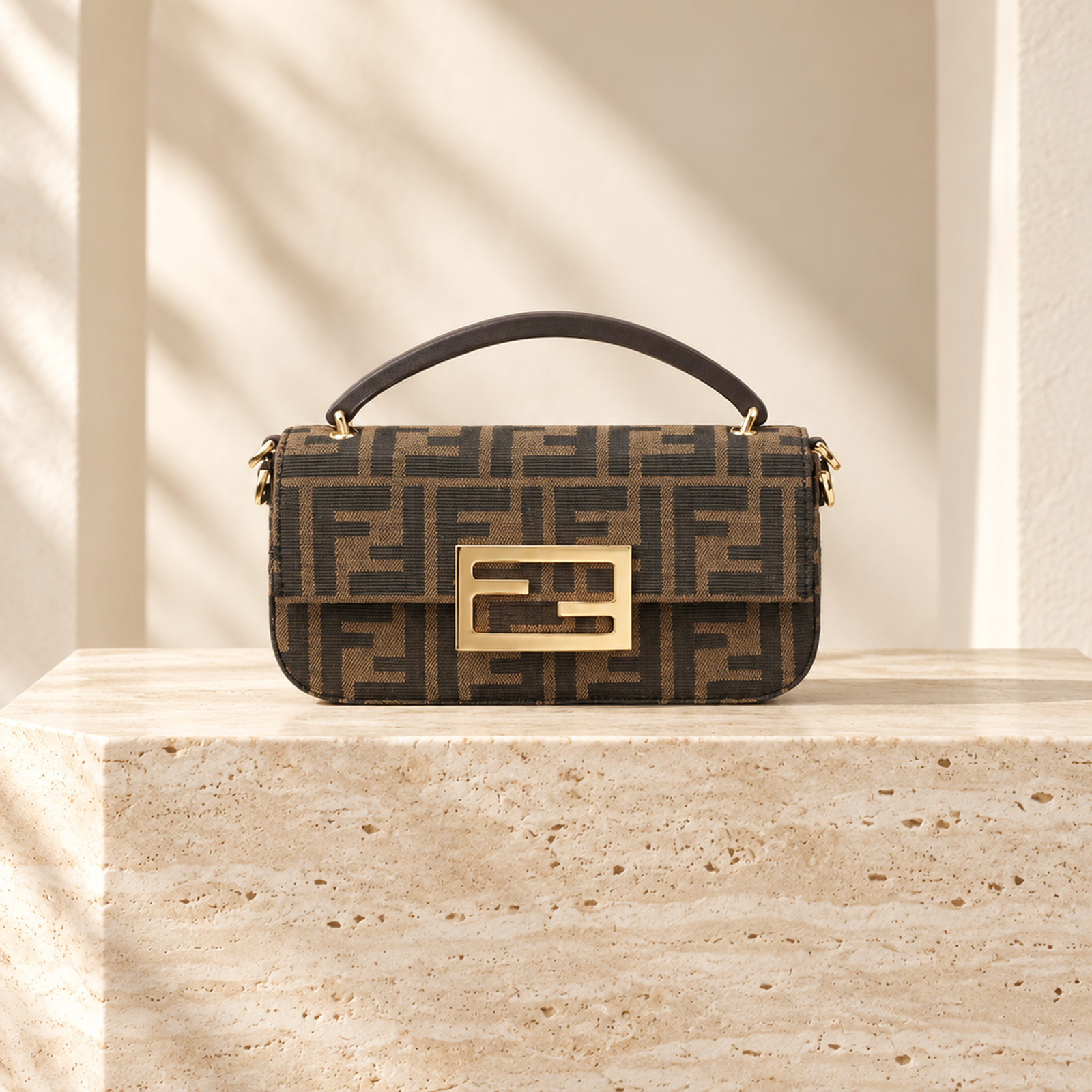 Fendi Mini FF Baguette Phone Bag in Brown FF, straight-on front view