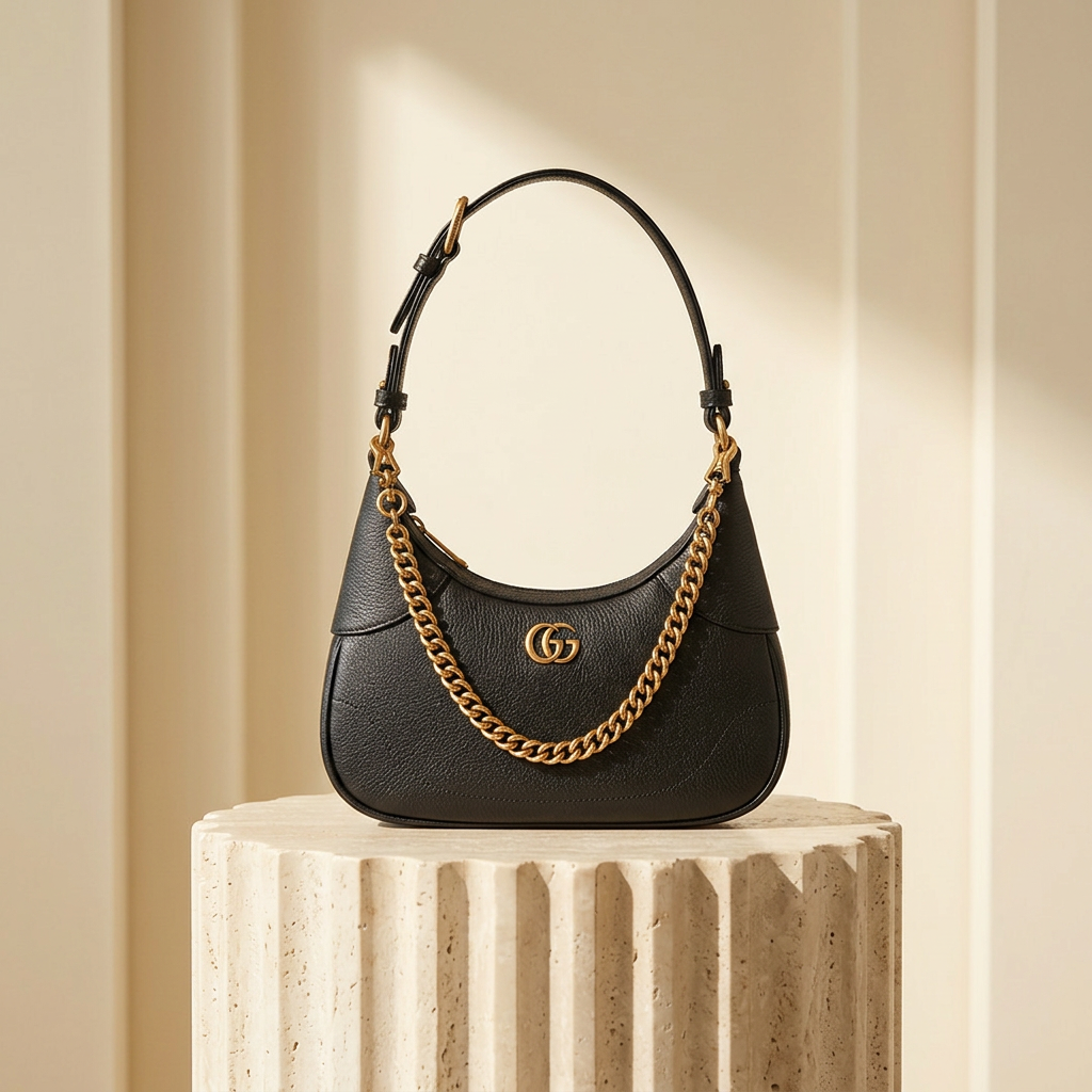 Aphrodite Small Shoulder Bag in Black Leather, Lux House editorial front view
