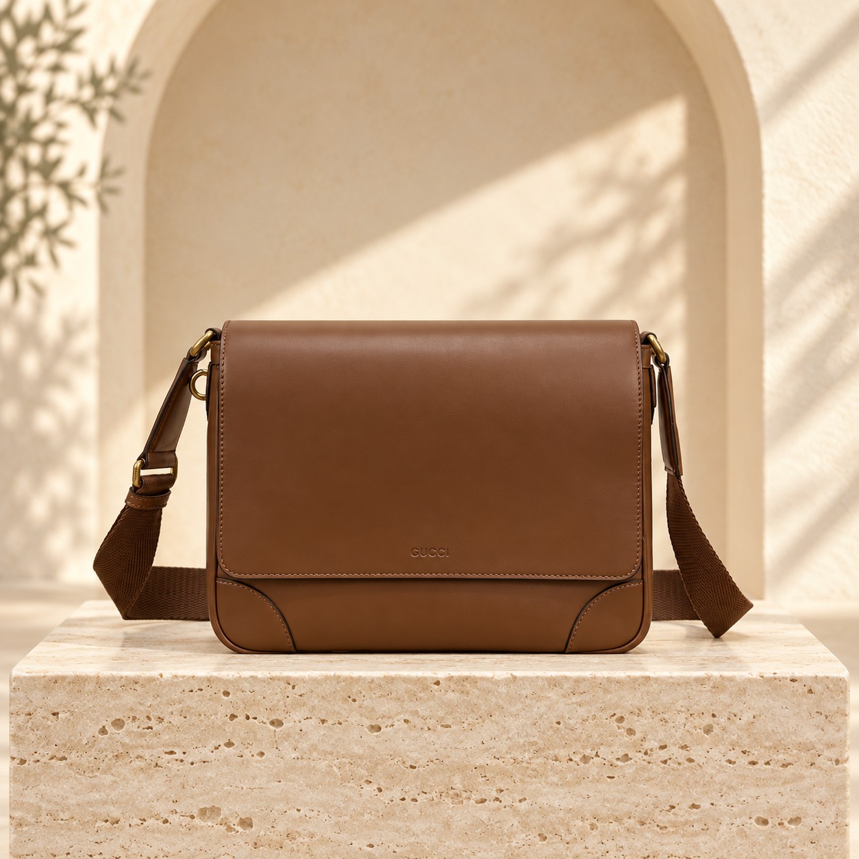 Brown Leather Flap Messenger Bag in Brown