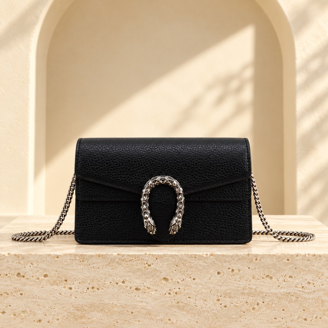 Dionysus Leather Super Mini — Black, straight-on front view