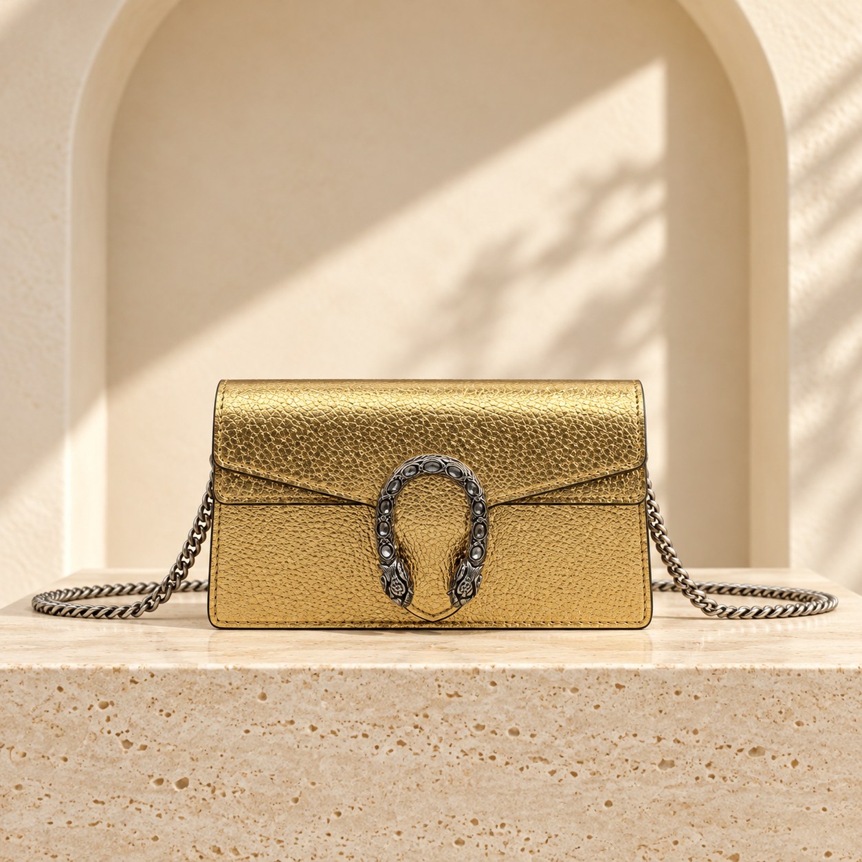 Dionysus Leather Super Mini — Gold, straight-on front view