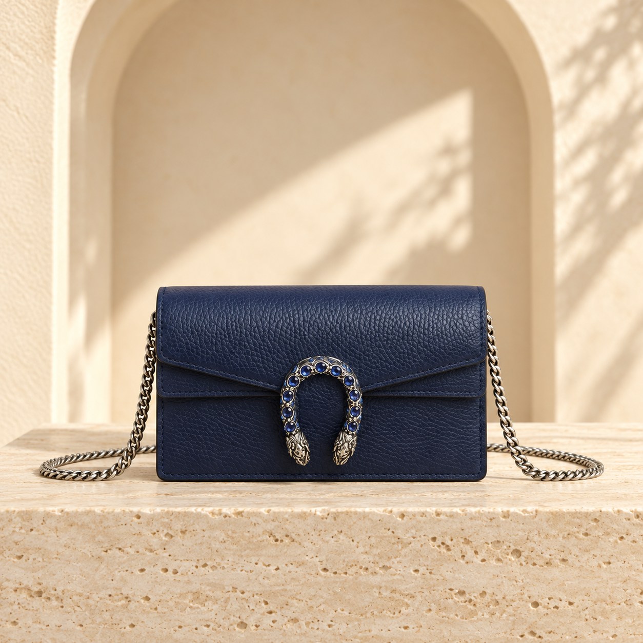Dionysus Leather Super Mini — Navy, straight-on front view