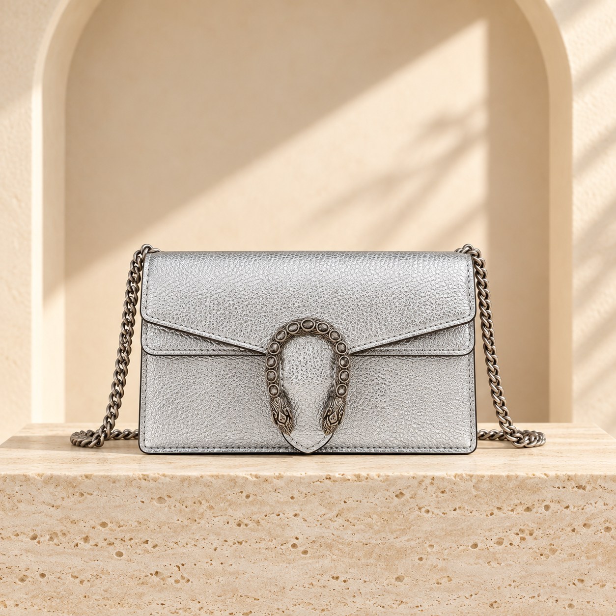 Dionysus Leather Super Mini — Silver, straight-on front view