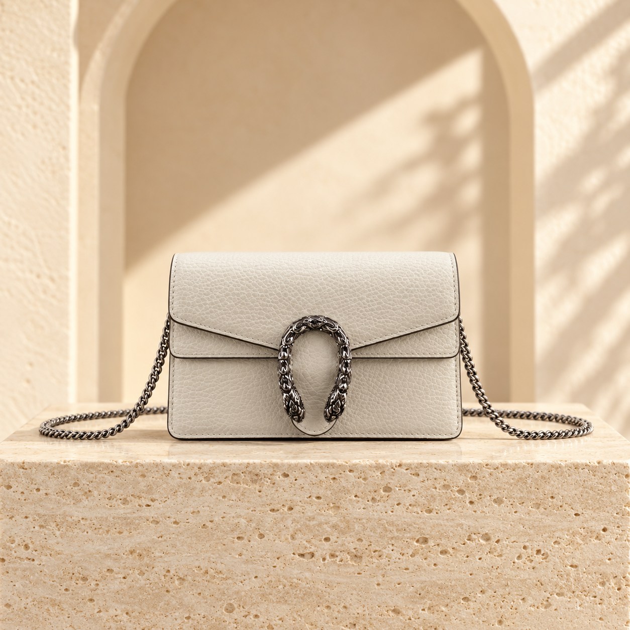 Dionysus Leather Super Mini — White, straight-on front view
