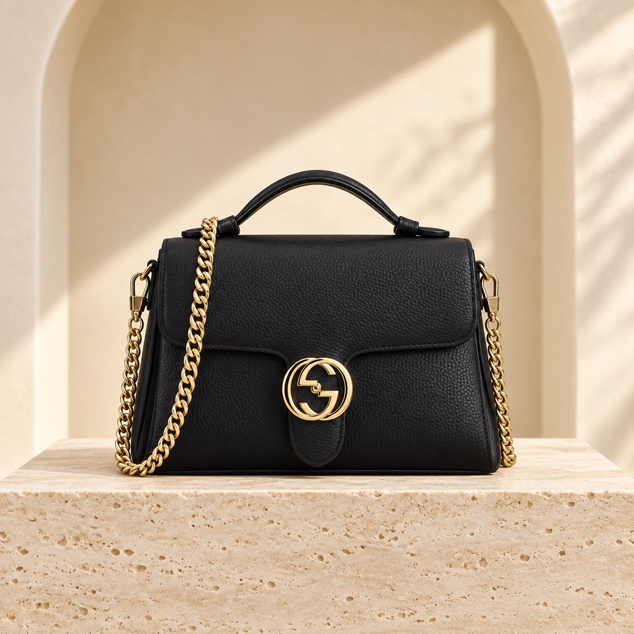 Leather Chain Shoulder Bag — Black, straight-on front view