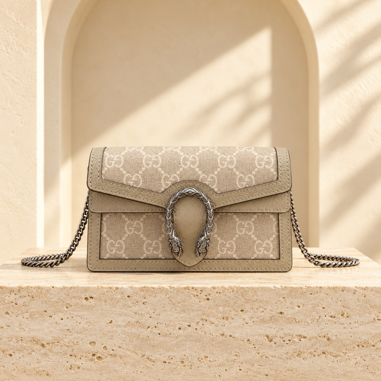 GG Dionysus Fabric Super Mini — Beige, straight-on front view