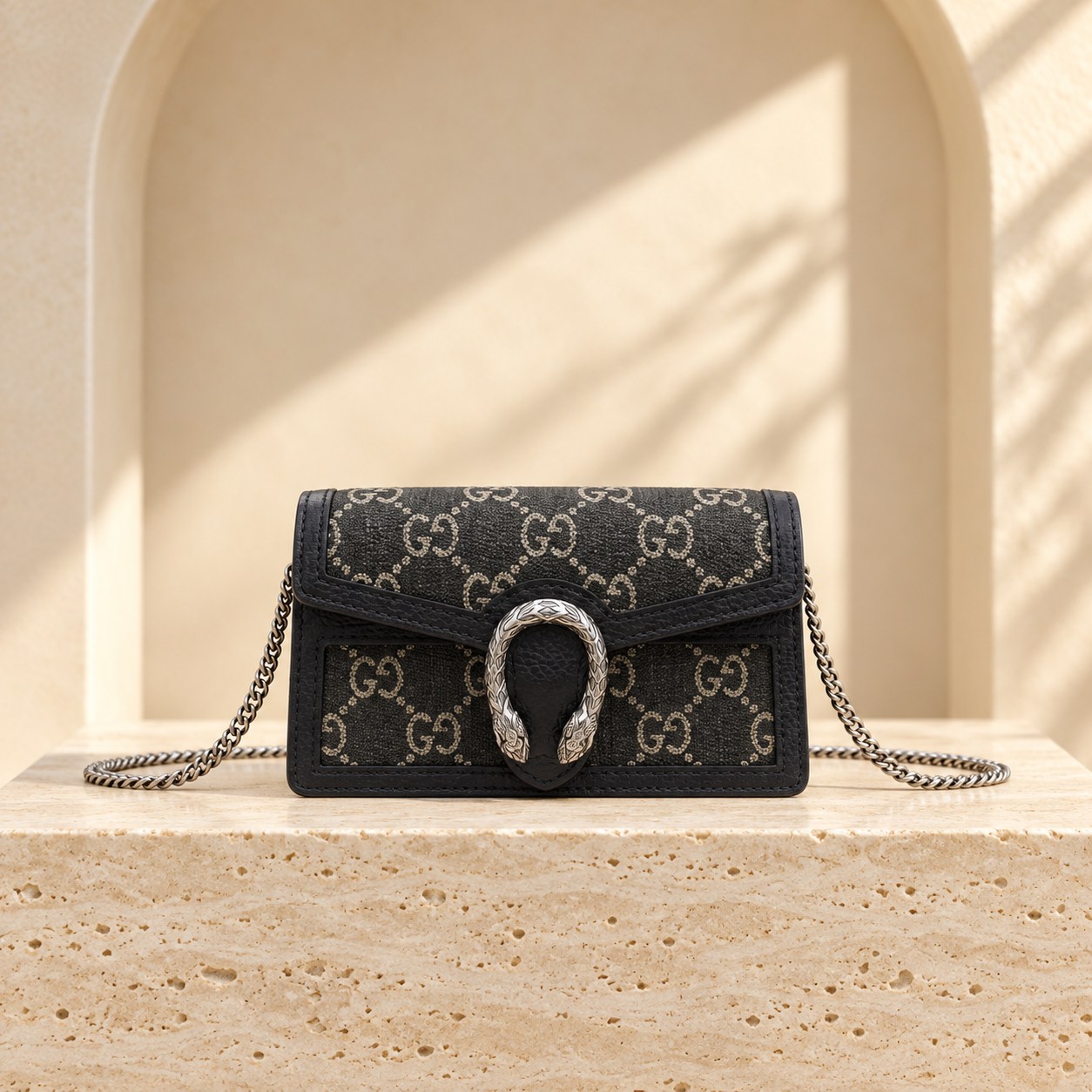 GG Dionysus Fabric Super Mini — Black, straight-on front view