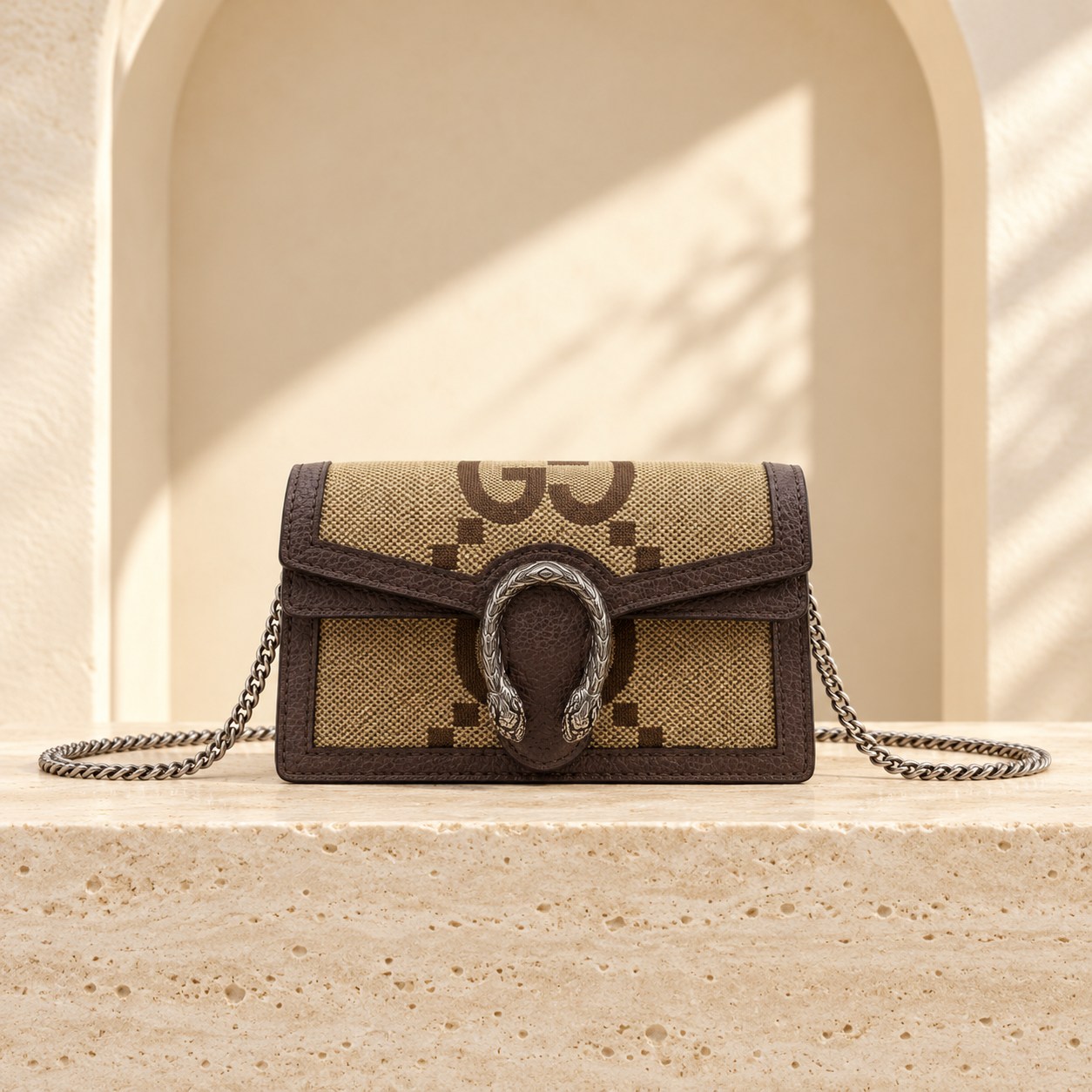 GG Dionysus Fabric Super Mini — Brown, straight-on front view