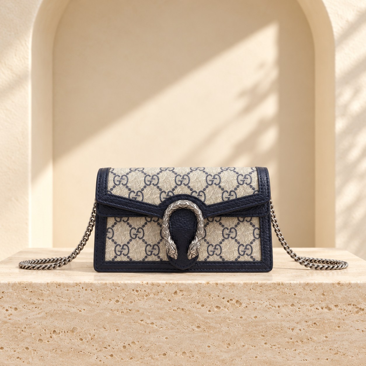 GG Dionysus Fabric Super Mini — Navy, straight-on front view