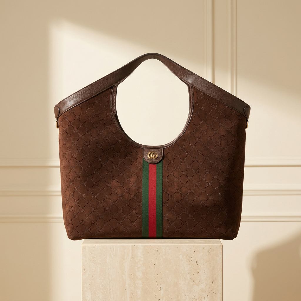 Giglio Large Tote in Brown Perforated Suede, Lux House editorial front view