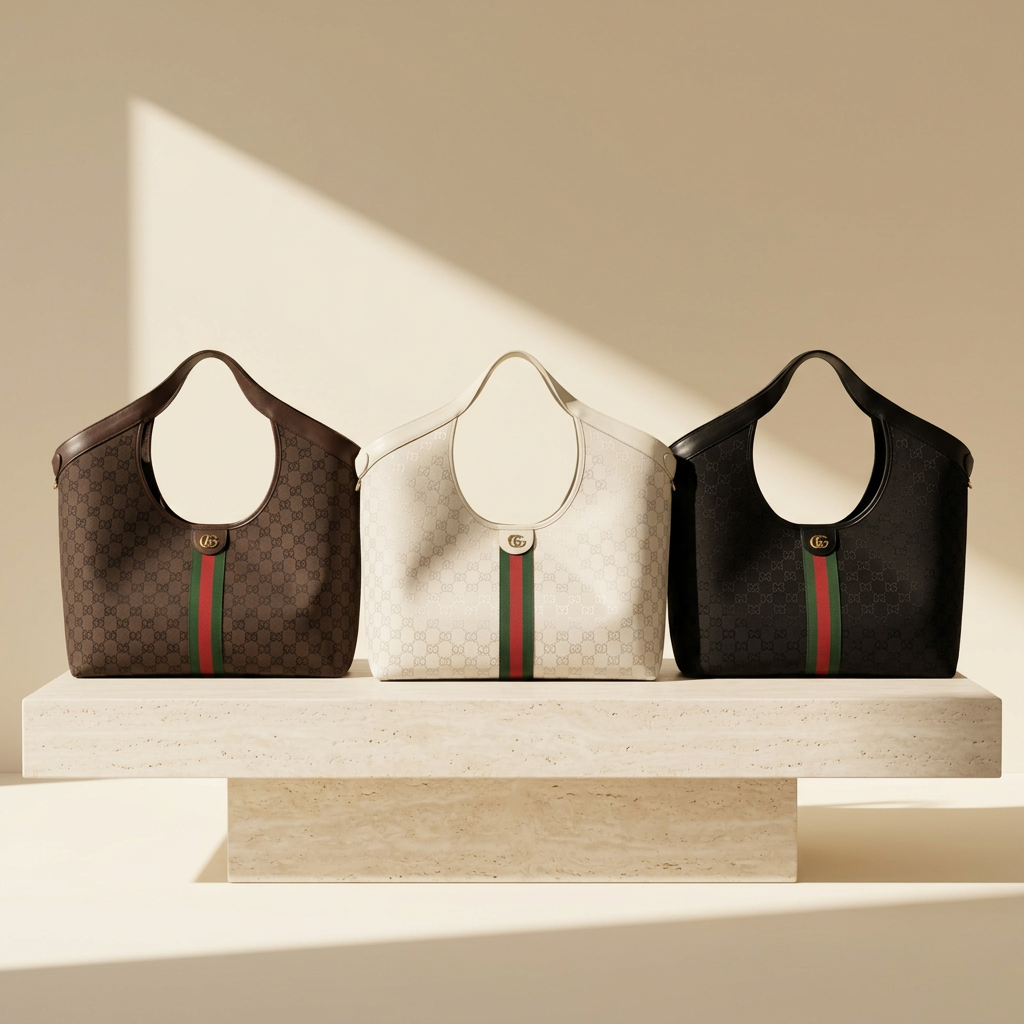 Giglio Large Tote in GG Canvas Color Collection, Lux House editorial front view of Brown, Ivory and Black