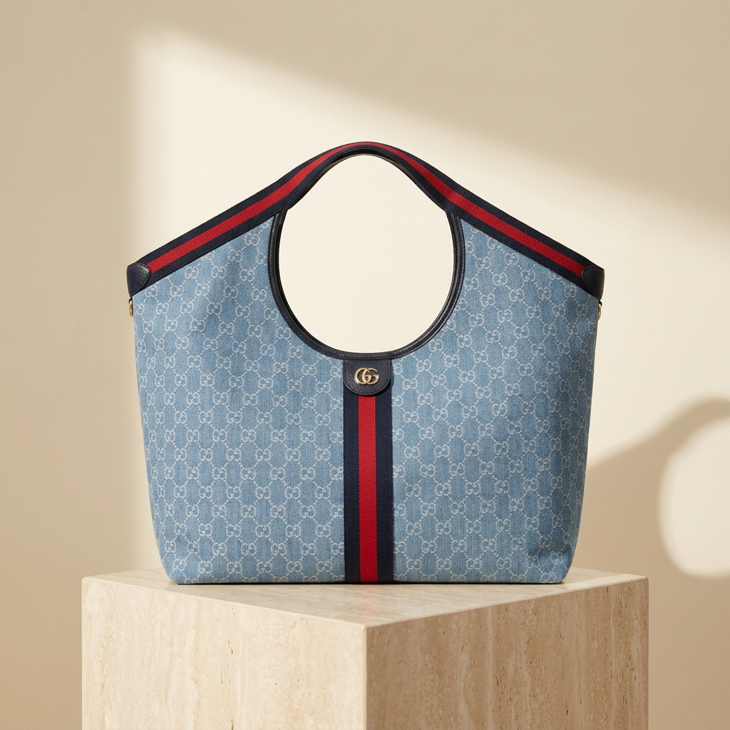 Giglio Large Tote in Light Blue GG Canvas, Lux House editorial front view