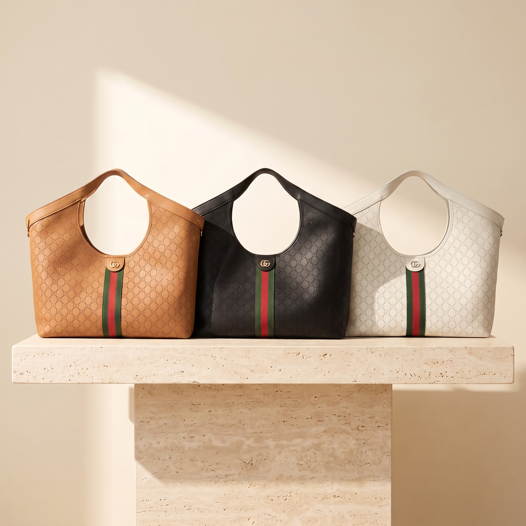Giglio Large Tote in Perforated Leather Color Collection, Lux House editorial front view of Camel, Black and White