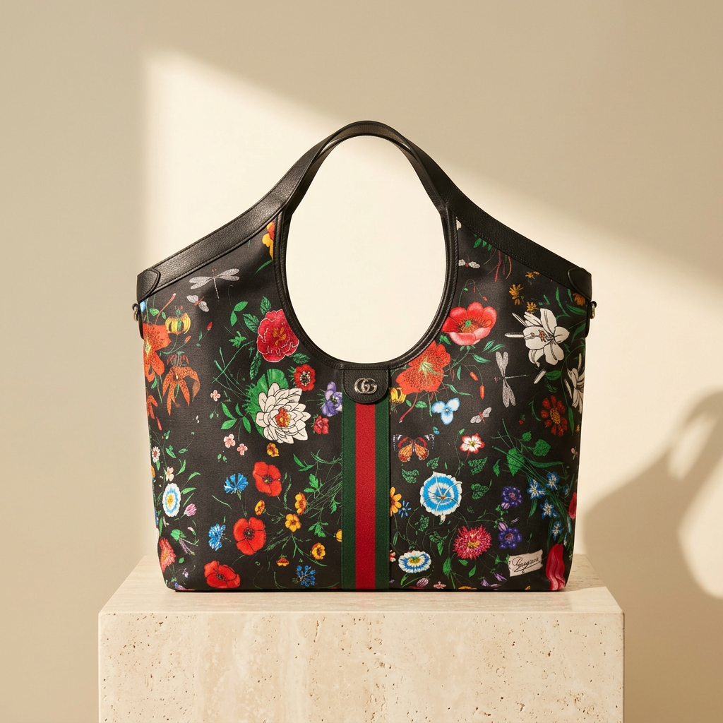 Giglio Tote in Black Flora Print, Lux House editorial front view