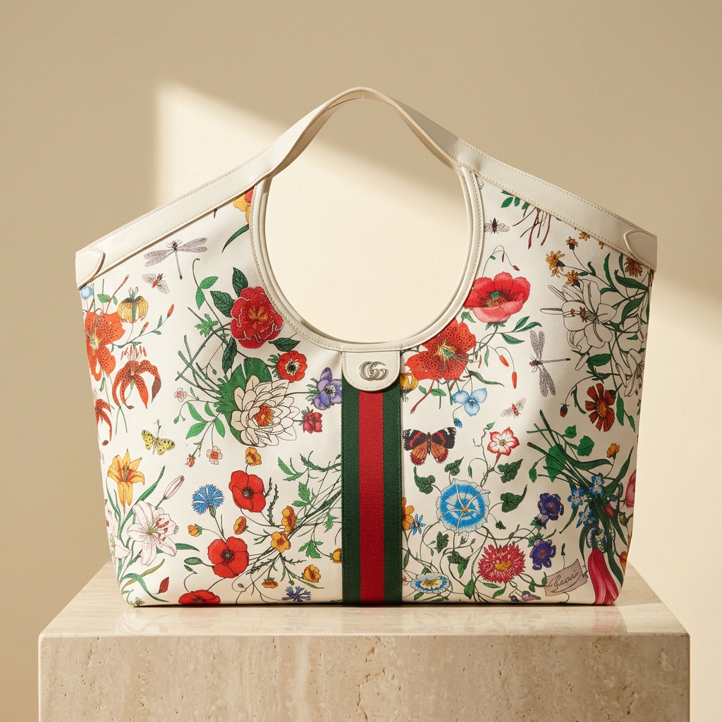 Giglio Tote in White Flora Print, Lux House editorial front view
