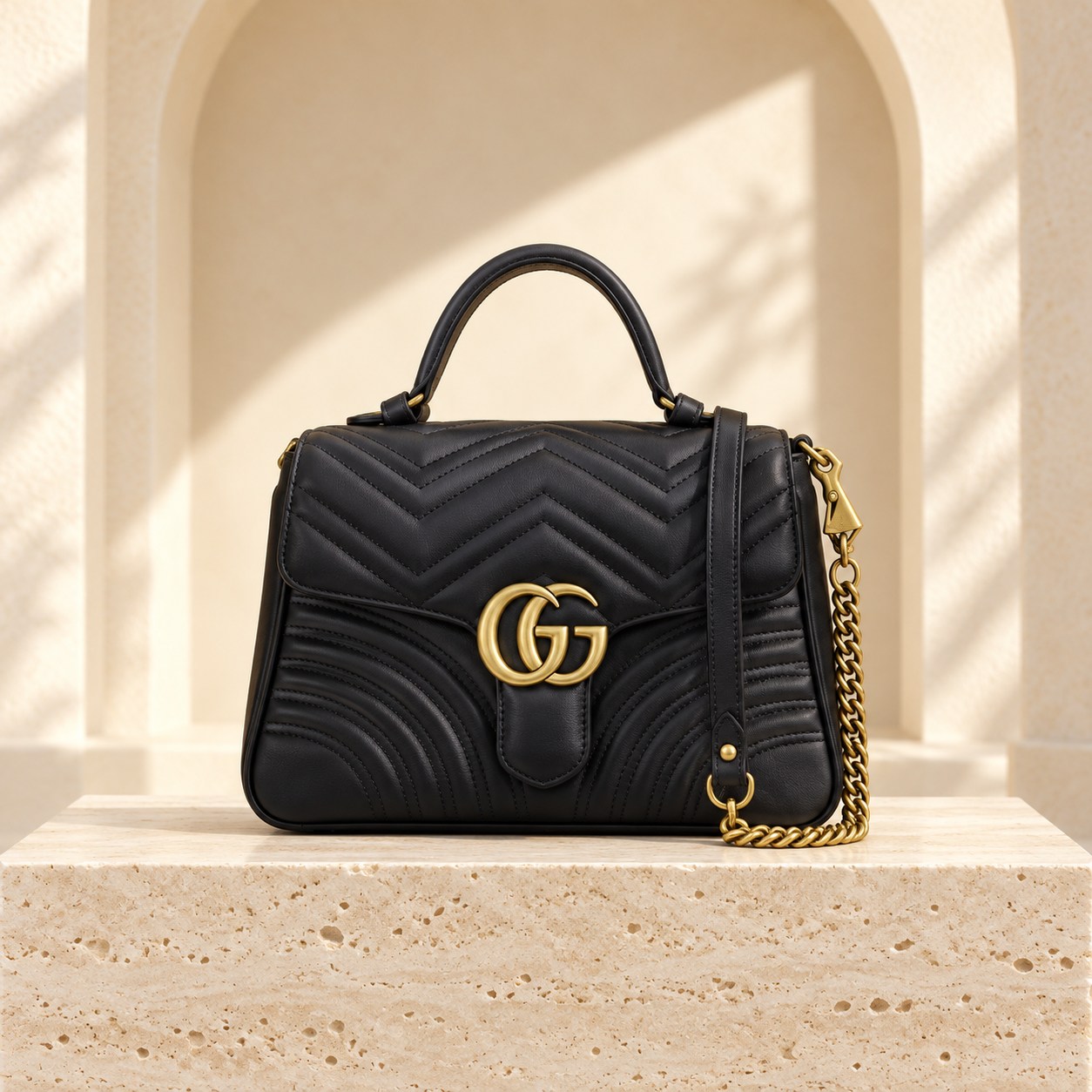 GG Marmont Medium Top Handle — Black, straight-on front view
