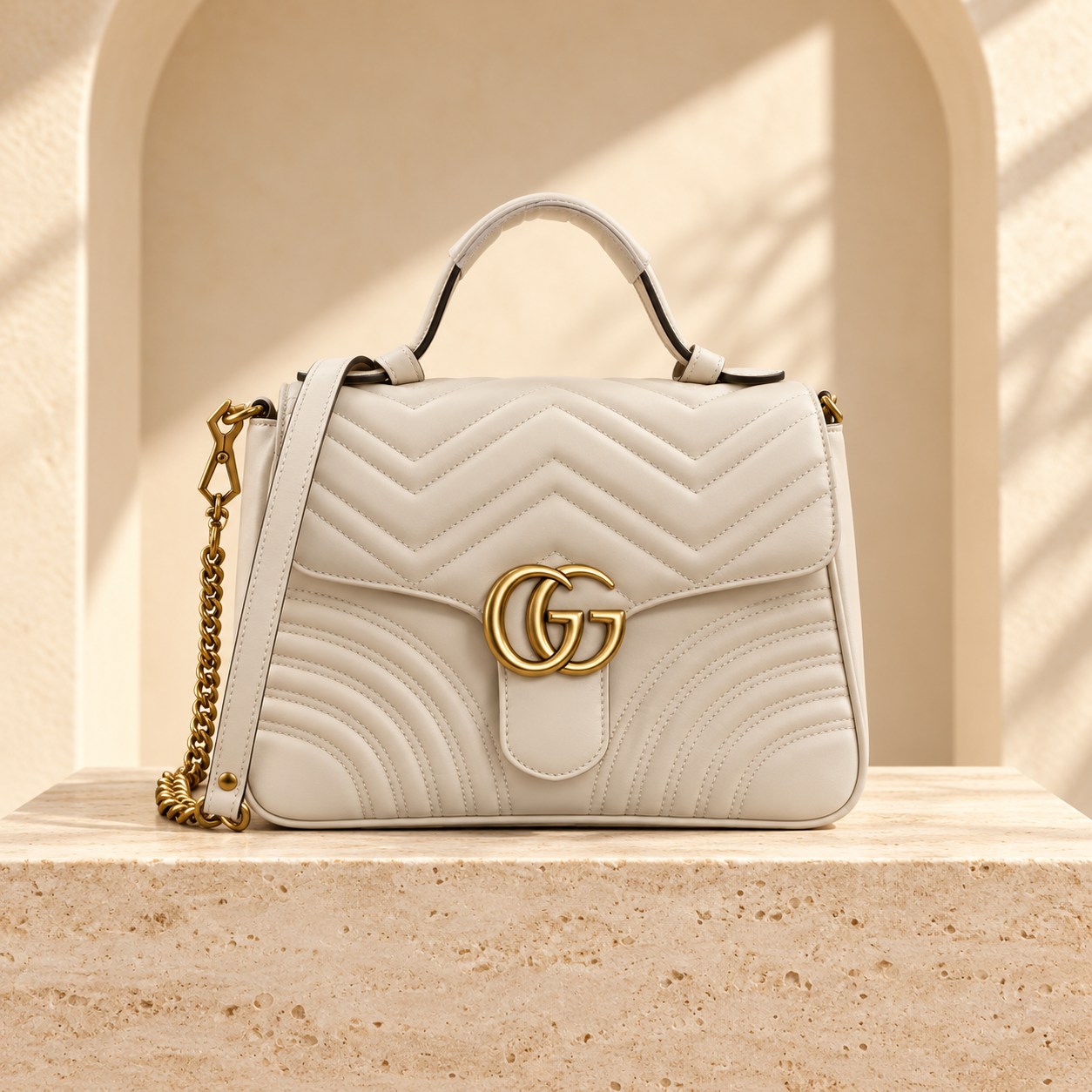 GG Marmont Medium Top Handle — Ivory, straight-on front view