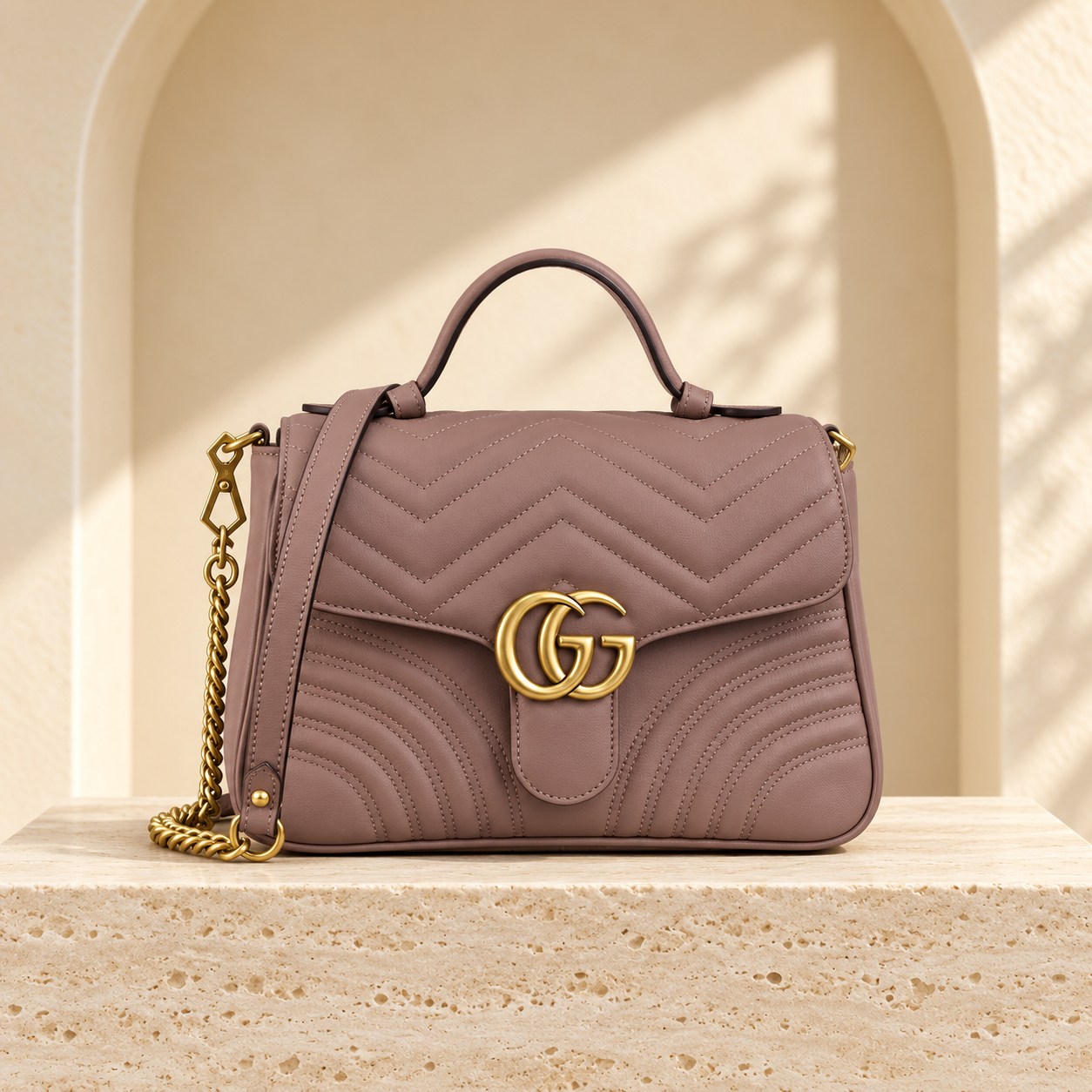 GG Marmont Medium Top Handle — Mauve, straight-on front view