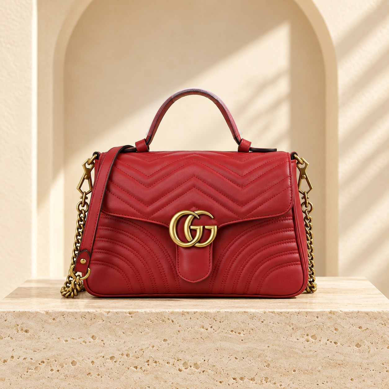 GG Marmont Medium Top Handle — Red, straight-on front view