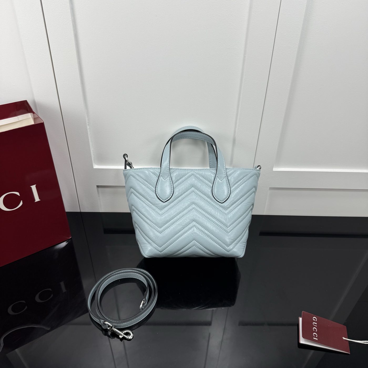 GG Marmont Mini Tote in Powder Blue, straight-on supplier front view