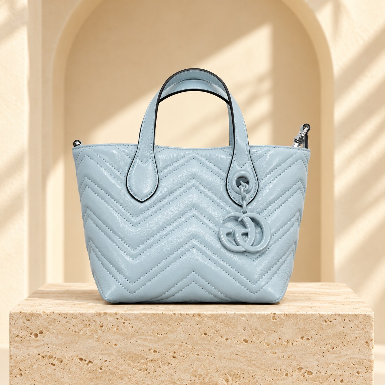 GG Marmont Mini Tote — Powder Blue, straight-on front view