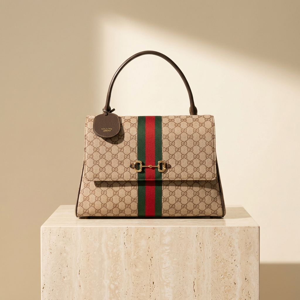 Paparazzo Large Top Handle Bag in Beige GG Supreme Canvas, Lux House editorial front view