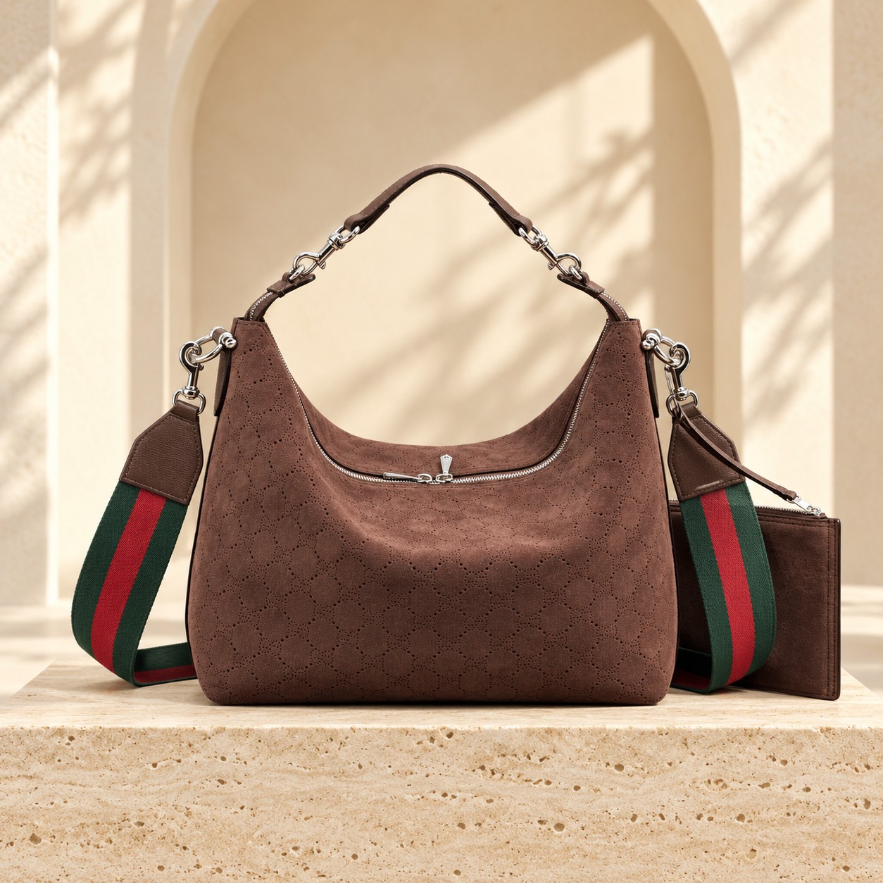Perforated Suede Hobo in Brown
