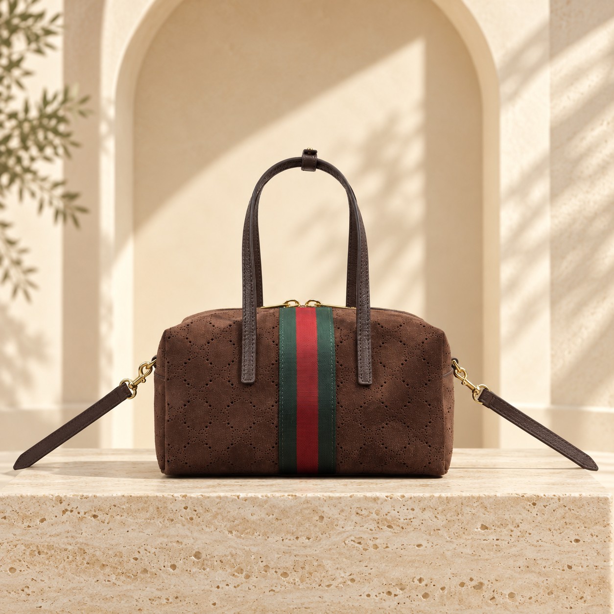 Perforated Suede Mini Bowling Bag in Brown