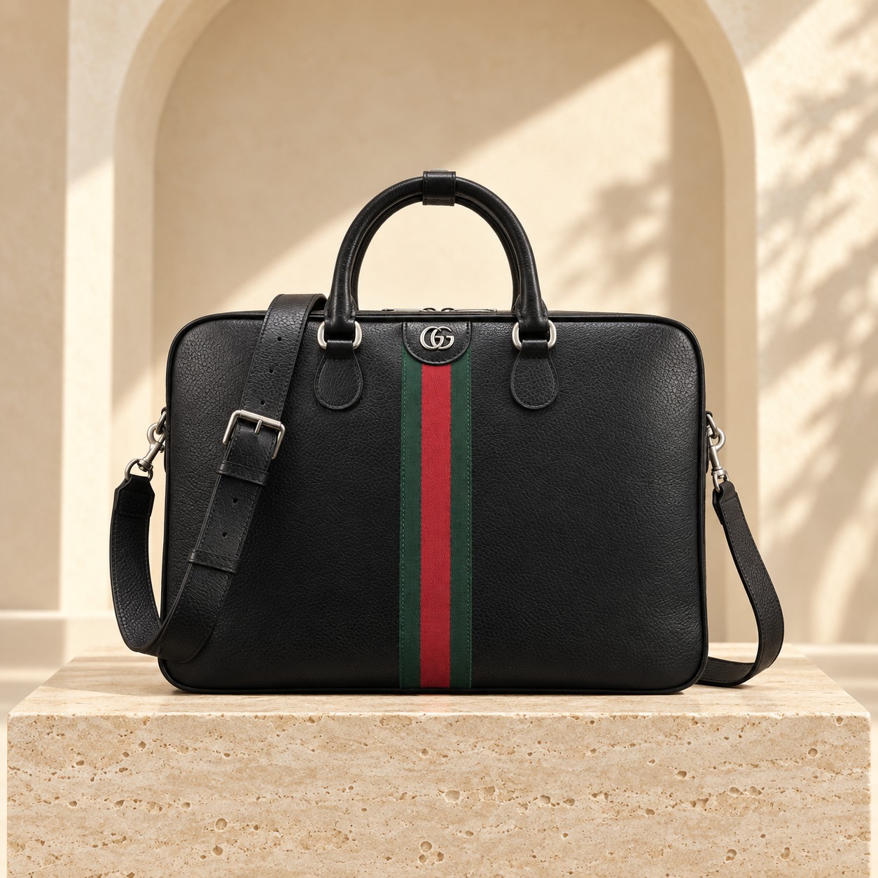 Web Stripe Leather Briefcase in Black