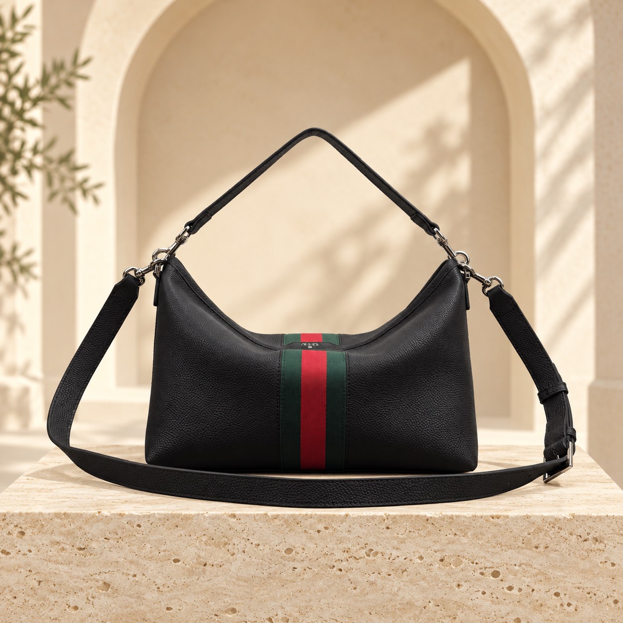 Web Stripe Shoulder Hobo in Black
