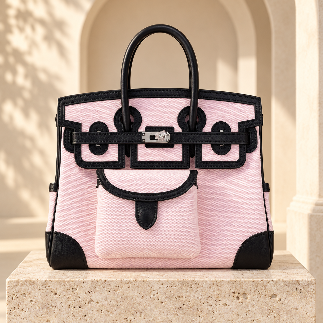 Pale-pink canvas Cargo 25 bag with black leather trim, straight front view