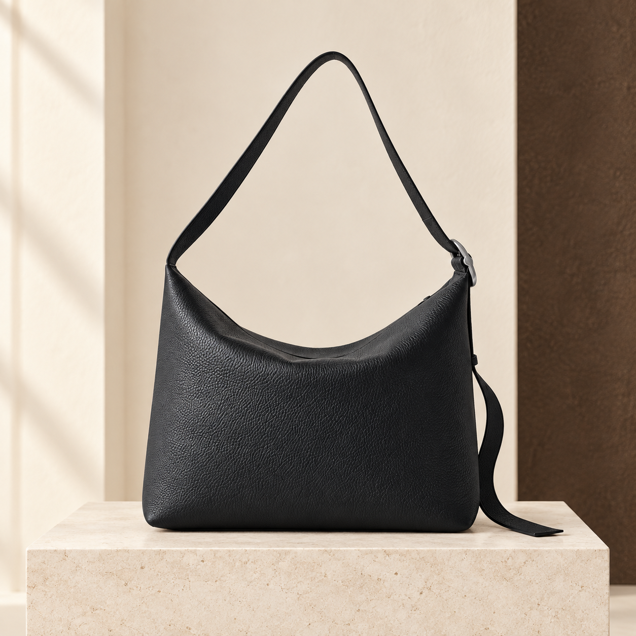 Large Loop Hobo in black grained calfskin, straight front view on a warm ivory setting