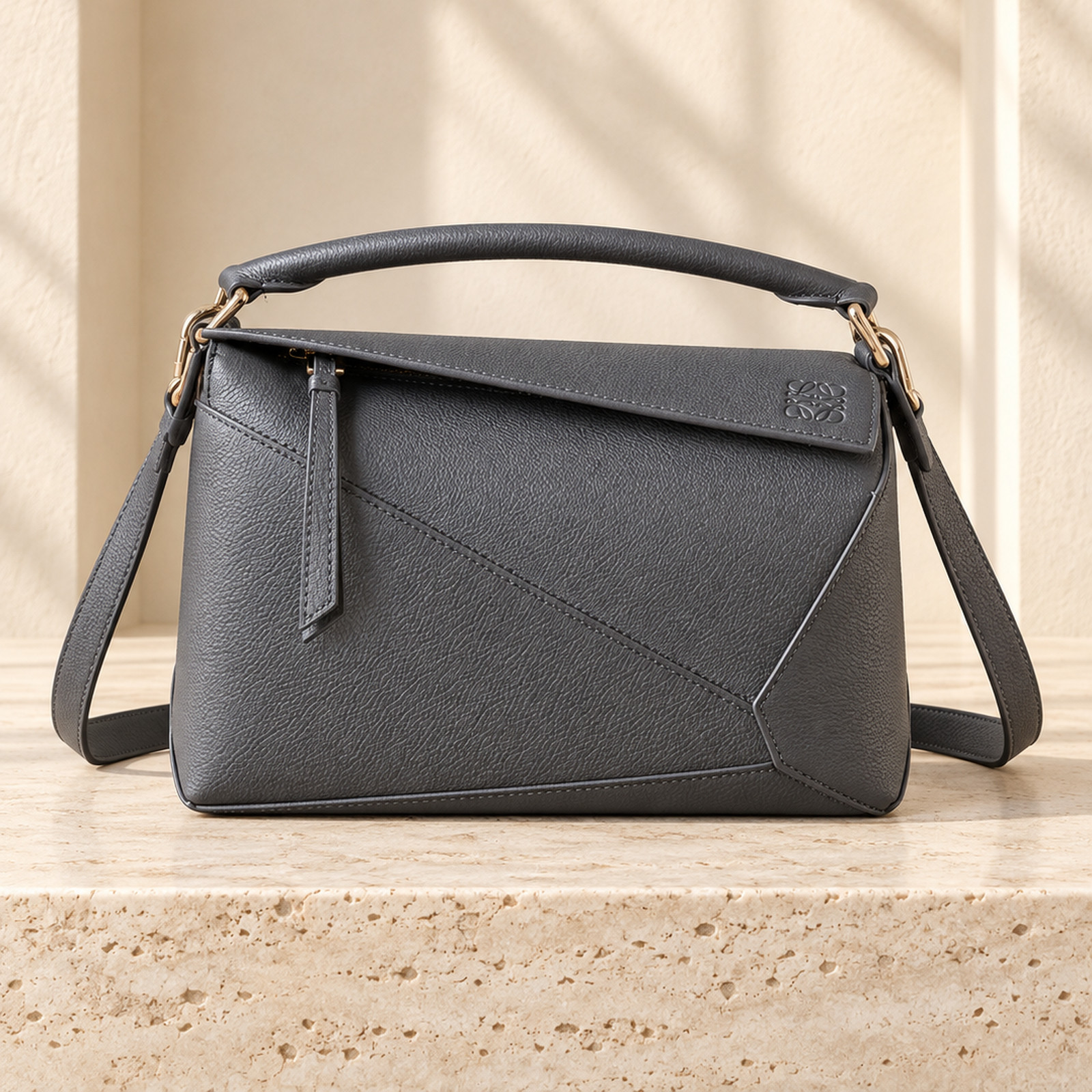 Loewe Small Puzzle Bag — Color Collection in Slate Gray, straight-on front view